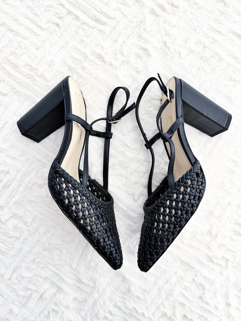 Jessica Simpson Nyara Black Woven Leather Slingback Pointed Heels Chic Classic